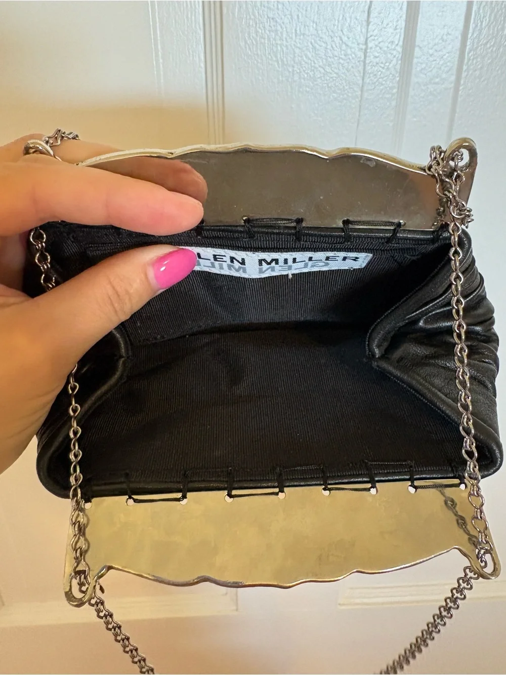 Glen Miller 90’s Leather and Metal Evening Clutch with Ornate Silver Frame